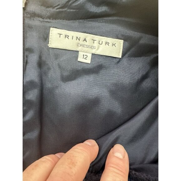Trina Turk Navy Blue Tweed Dress Fringe Shift Career Sz 12 Textured Knit Party - Picture 4 of 6